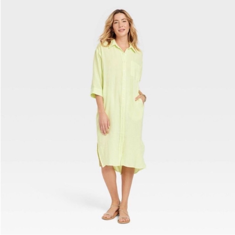 NEW! Universal Thread Yellow 3/4 Sleeve Midi Cotton Gauze Shirt Dress L